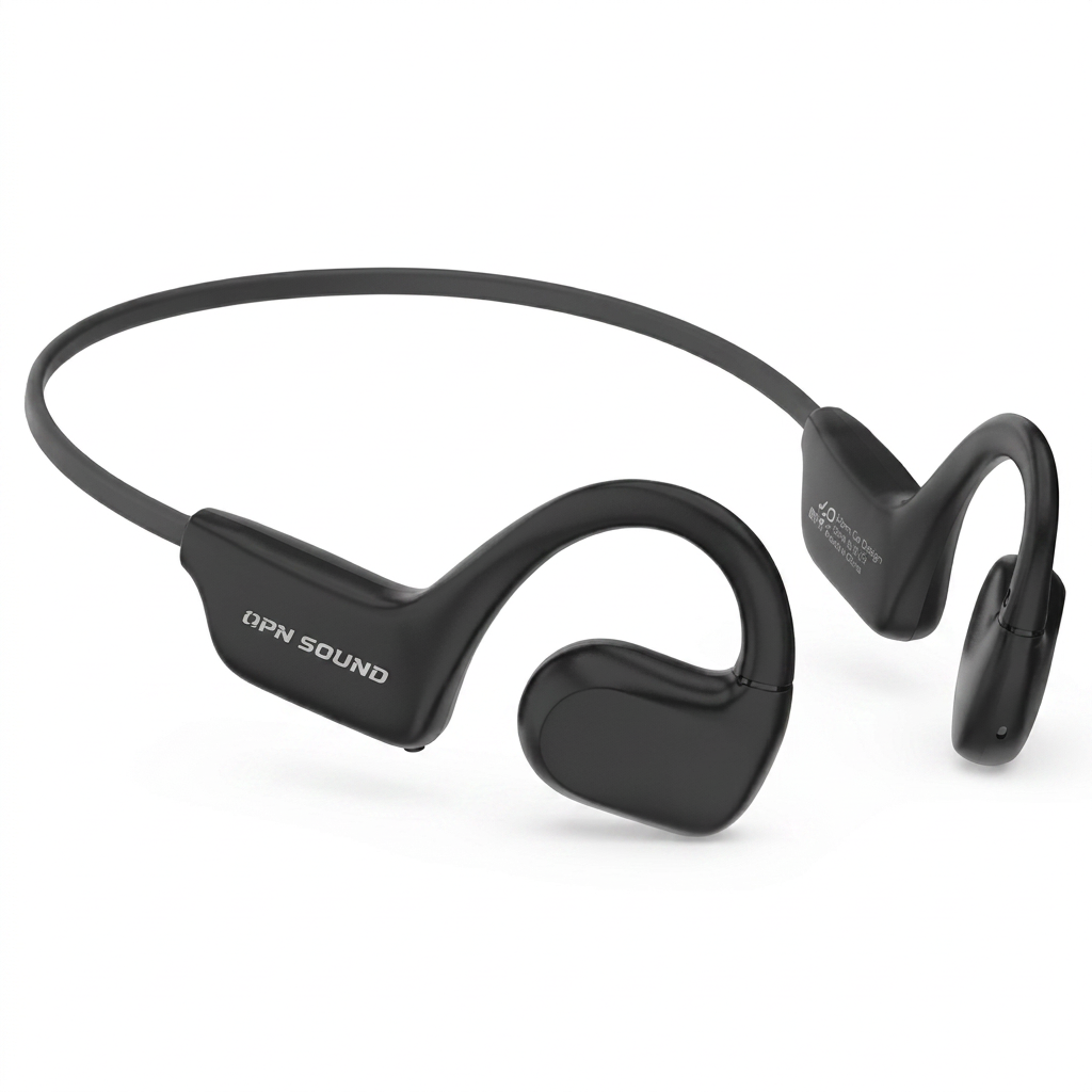 A photorealistic studio photograph of the black OPN Sound Aperto headphones, angled to show the right ear hook, on a pure white background with a soft natural shadow.