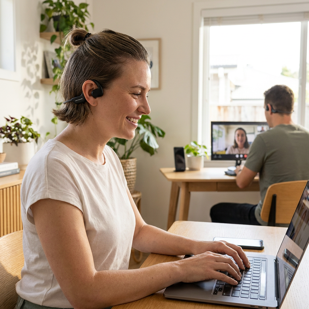 A smiling woman works on her laptop at a sunlit home office, wearing the black OPN Sound Aperto open-ear headphones, with a second person in the background also using them.