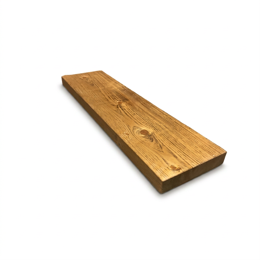 A photorealistic studio shot of the honey-colored solid wood shelf, angled right on a white background.