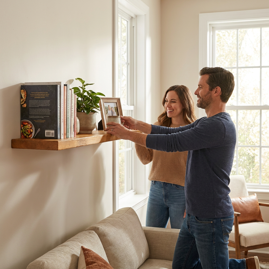 A man and woman decorating a wall with the Entrepot La Grange solid wood shelf, placing a picture on it in a bright living room.
