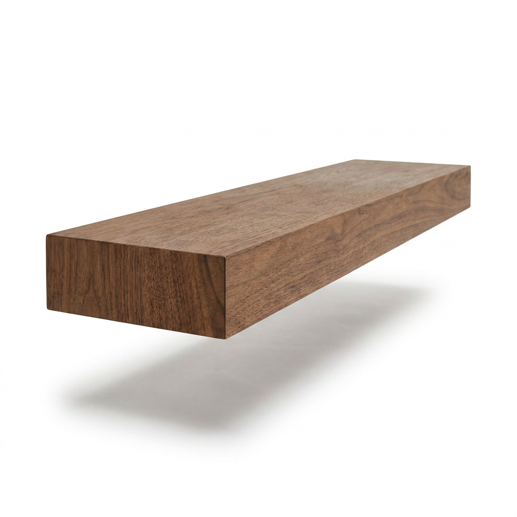 A photorealistic studio product photo of the Entrepot La Grange inc solid medium walnut wood shelf floating on a pure white background, angled to show the left side and front face.