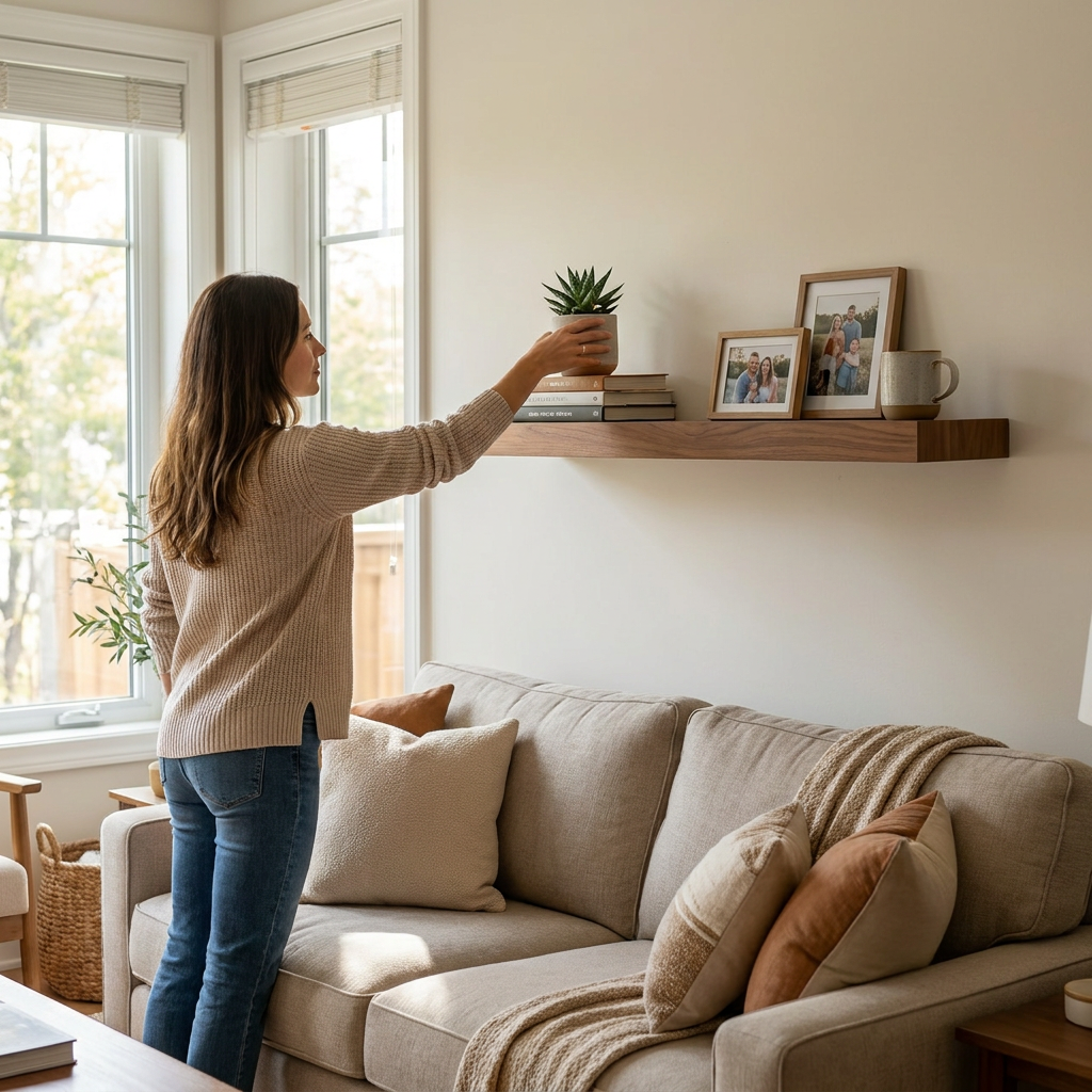 A person in a cozy, sunlit living room reaches up to place a potted plant on the Entrepot La Grange inc Medium Walnut floating solid wood shelf, which is adorned with books and photo frames.