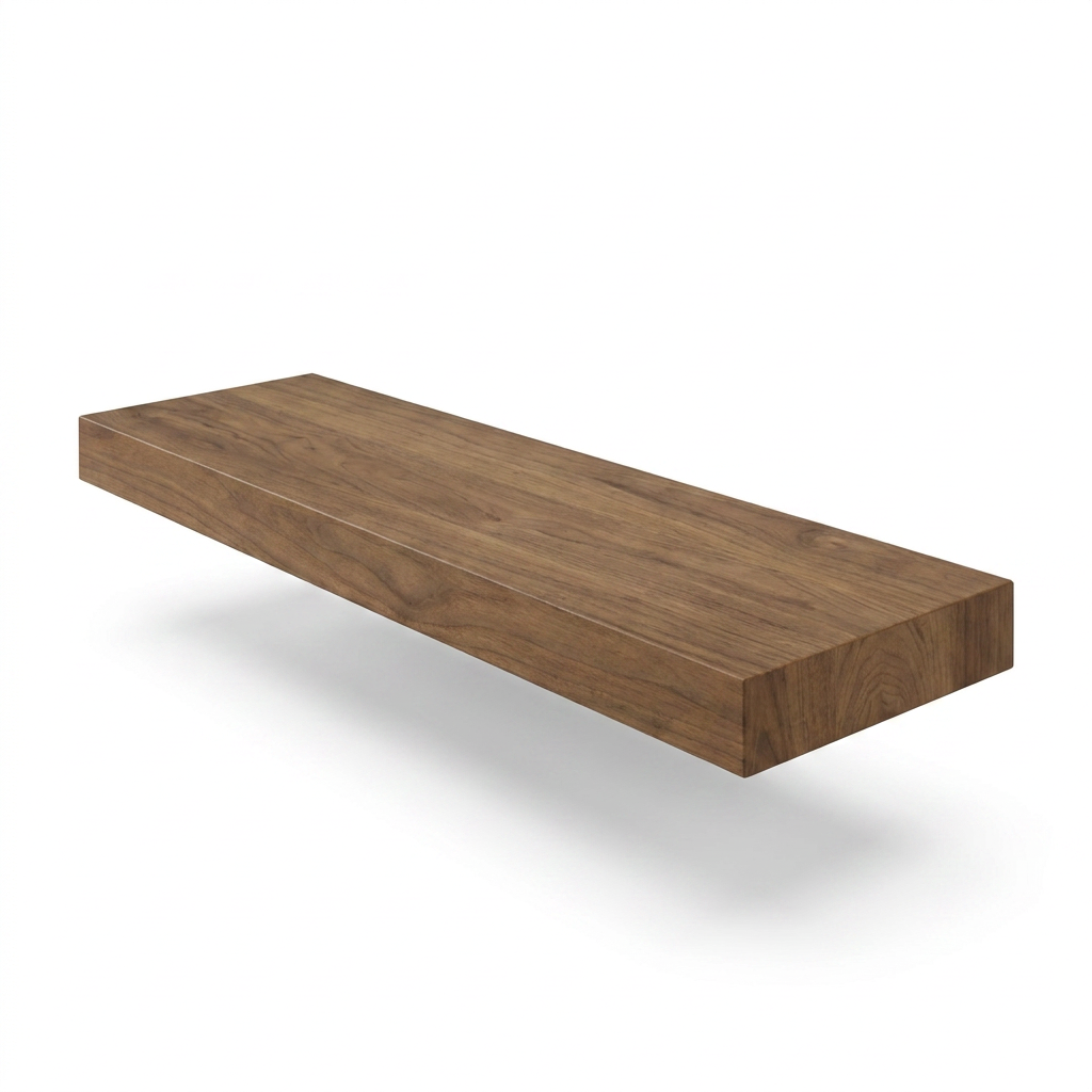 A photorealistic studio product photograph of a medium walnut solid wood floating shelf, angled from the right to show its depth. The wood grain is clearly visible, and it floats on a pure white background with a soft shadow.