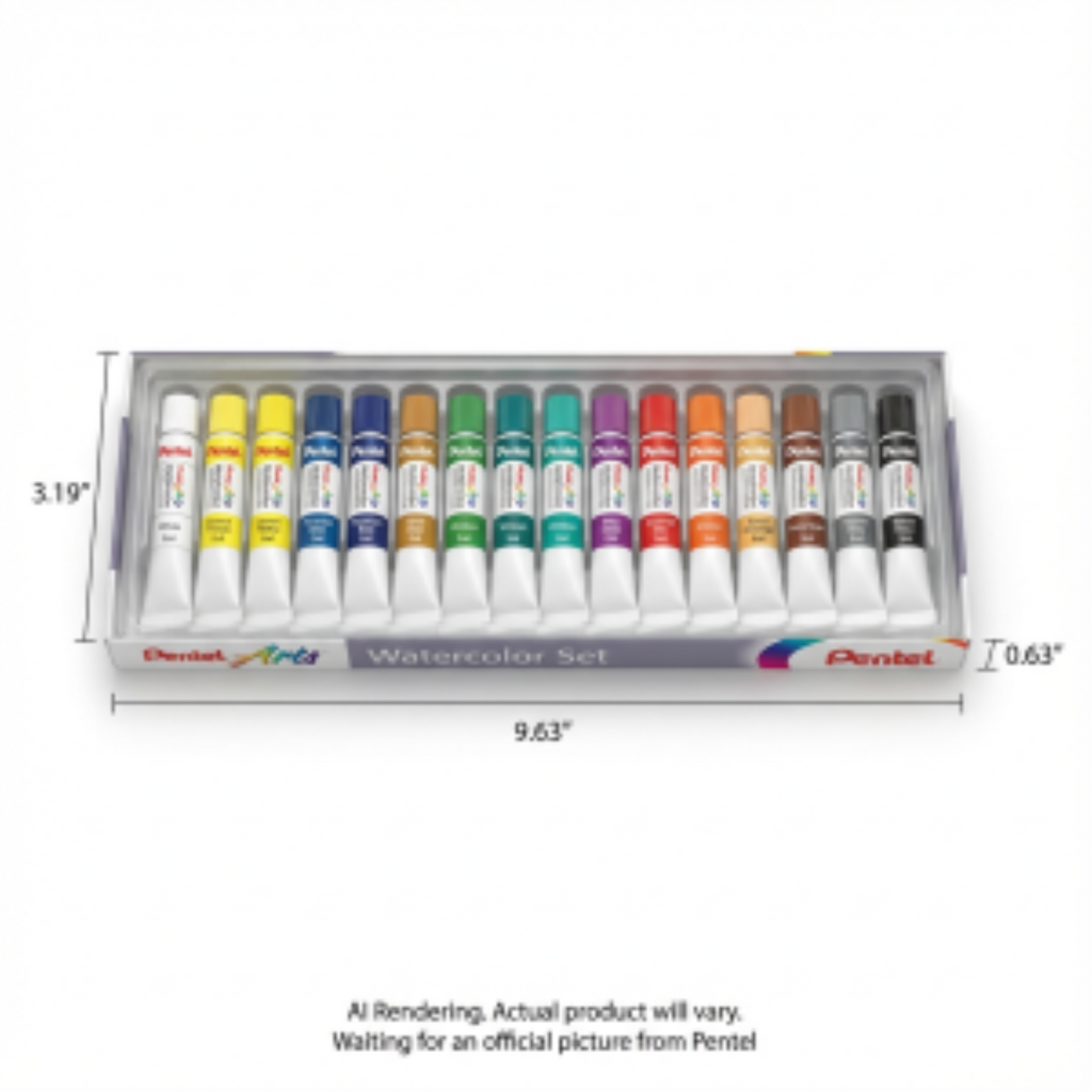 Pentel Arts Watercolor Set with 18 vibrant, non-toxic paint tubes displayed in a white organizer.