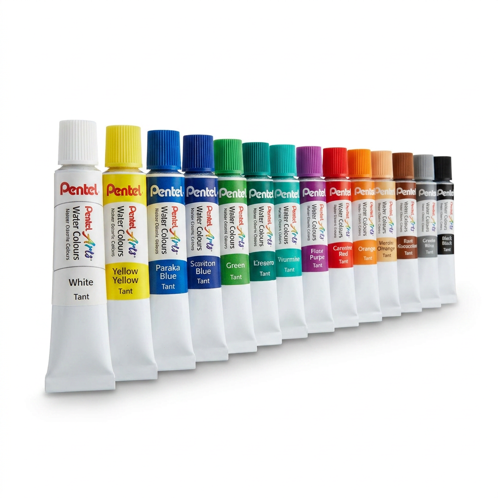 A studio shot of the 18 Pentel Arts watercolor tubes, lined up and angled with the leftmost white tube prominent, on a clean white background with a soft shadow.