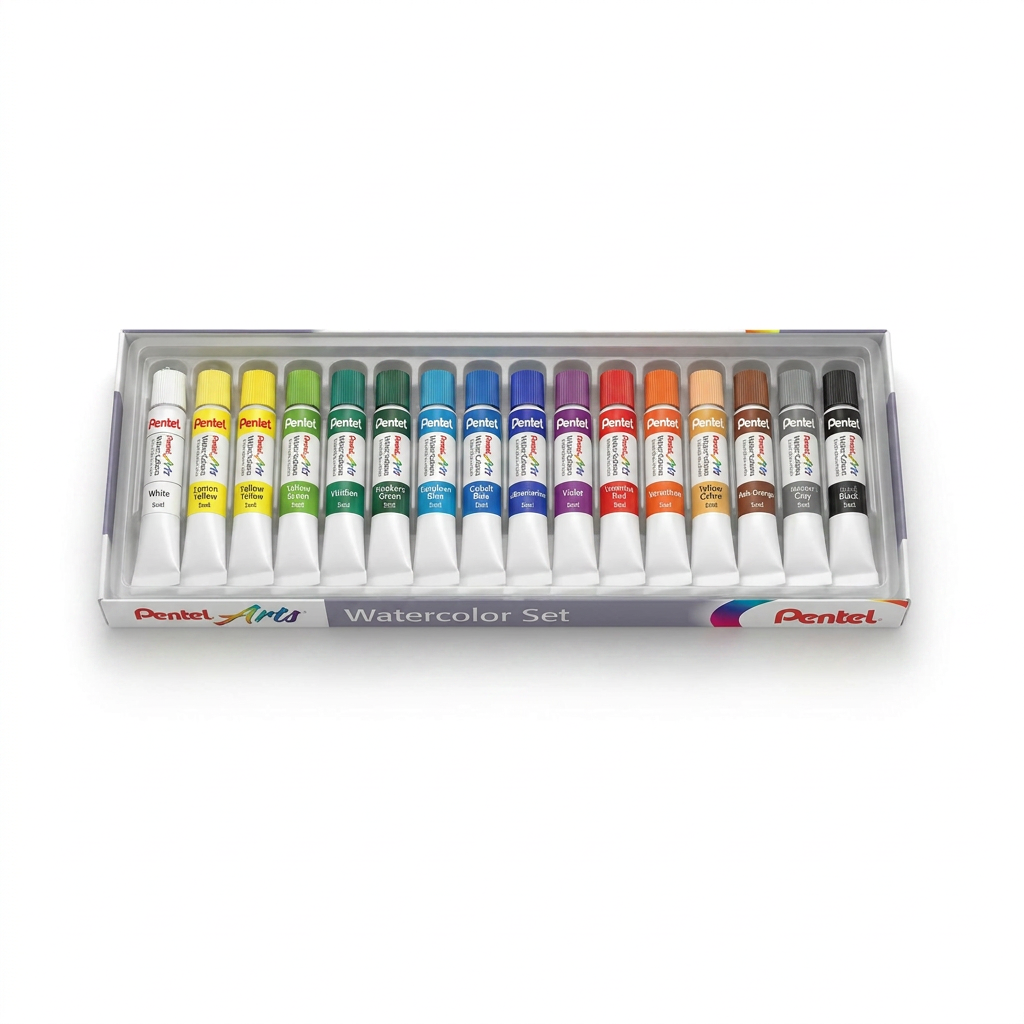 A studio photograph of the Pentel Arts Watercolor Set (WFRS-18) open and angled to the right, displaying 18 tubes of assorted colors on a pure white background with a soft shadow.