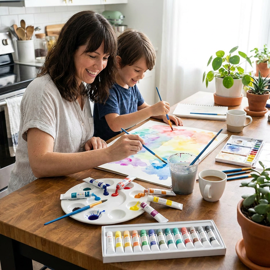 A natural light photo of a mother and son using the Pentel 18-color watercolor set to paint a large picture at their kitchen table.