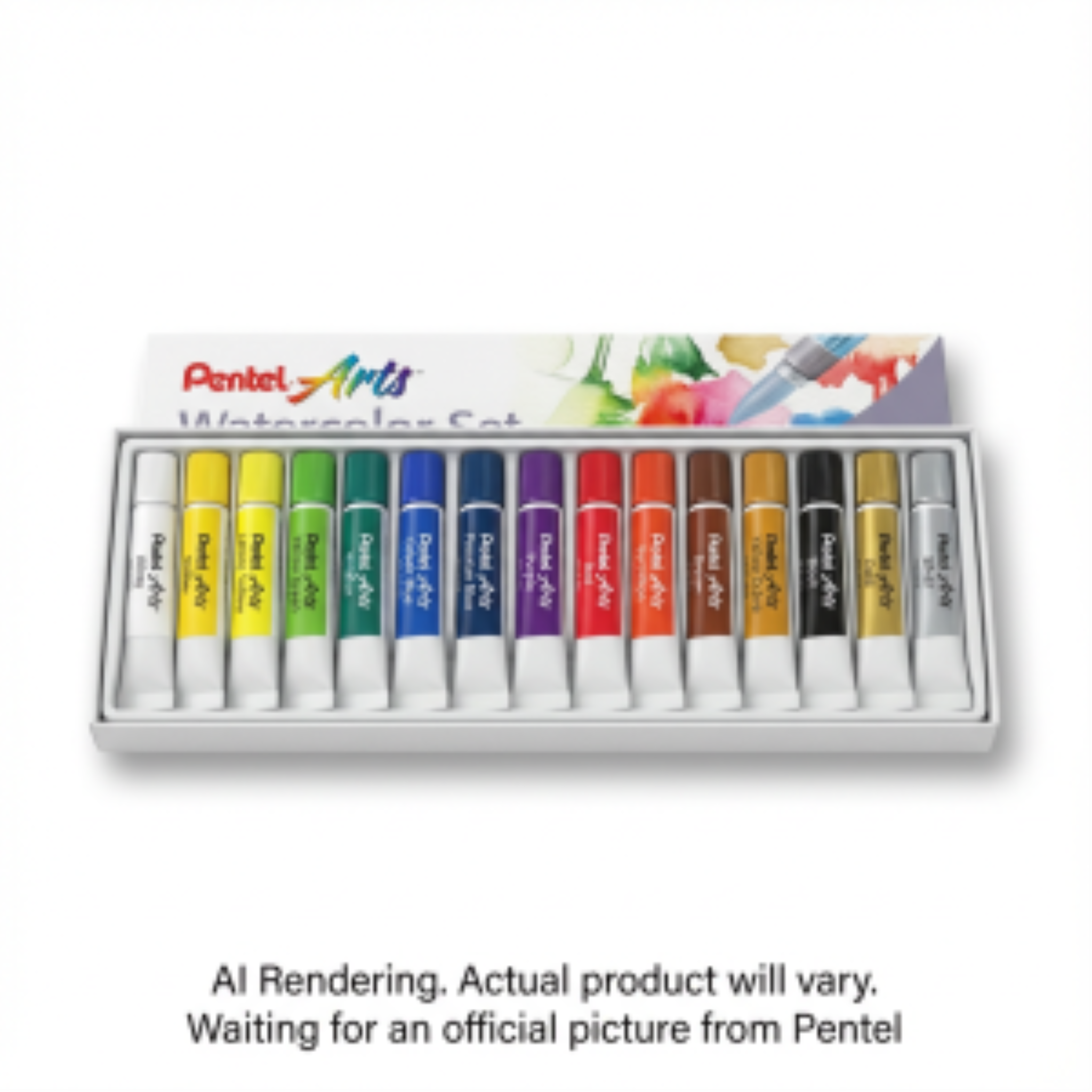 Pentel Arts 15-pack watercolor set featuring vibrant tubes arranged in a white container.