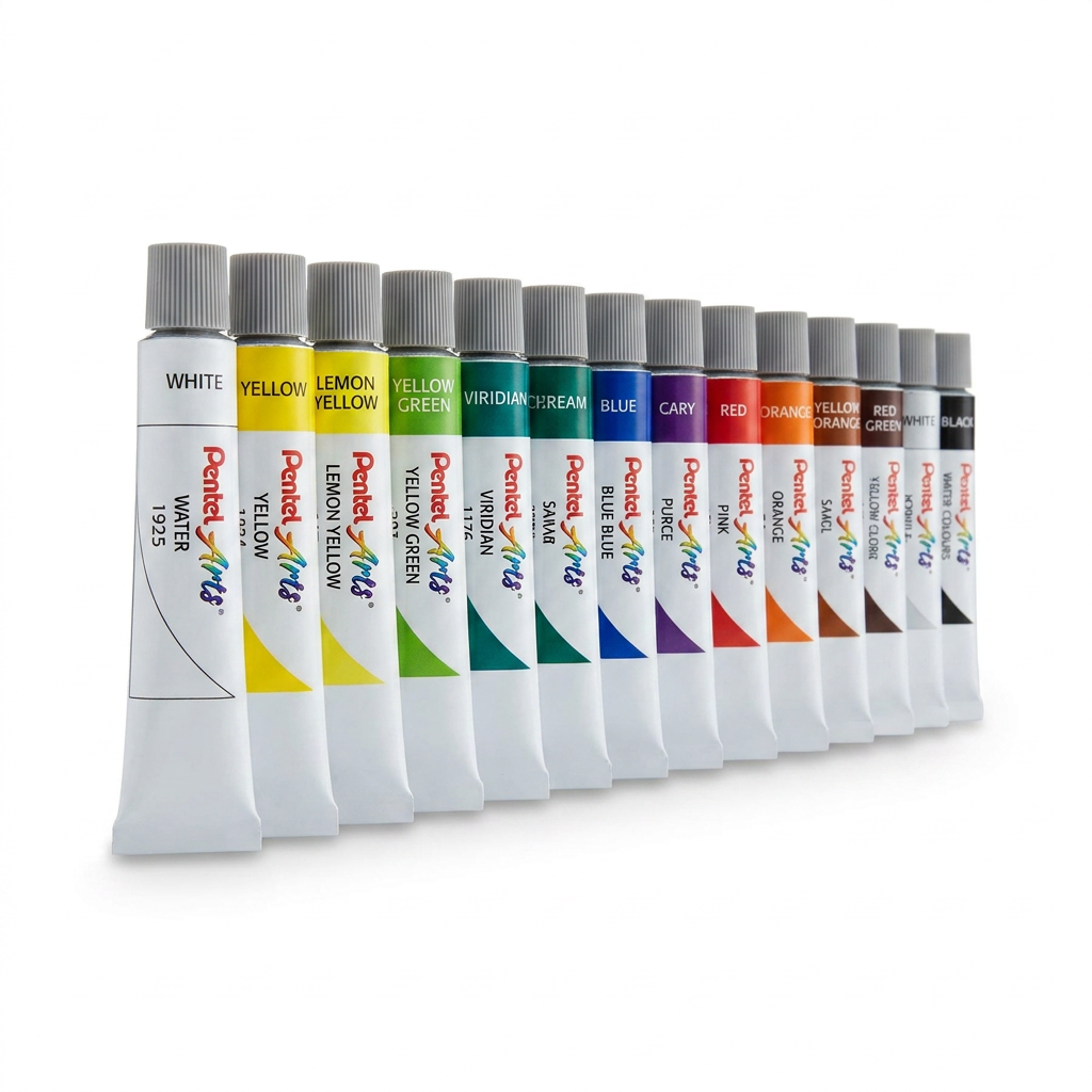 A photorealistic studio photograph captures the 15 Pentel Arts watercolor tubes without packaging, arranged in a row and angled to the left on a pure white surface with a soft shadow.