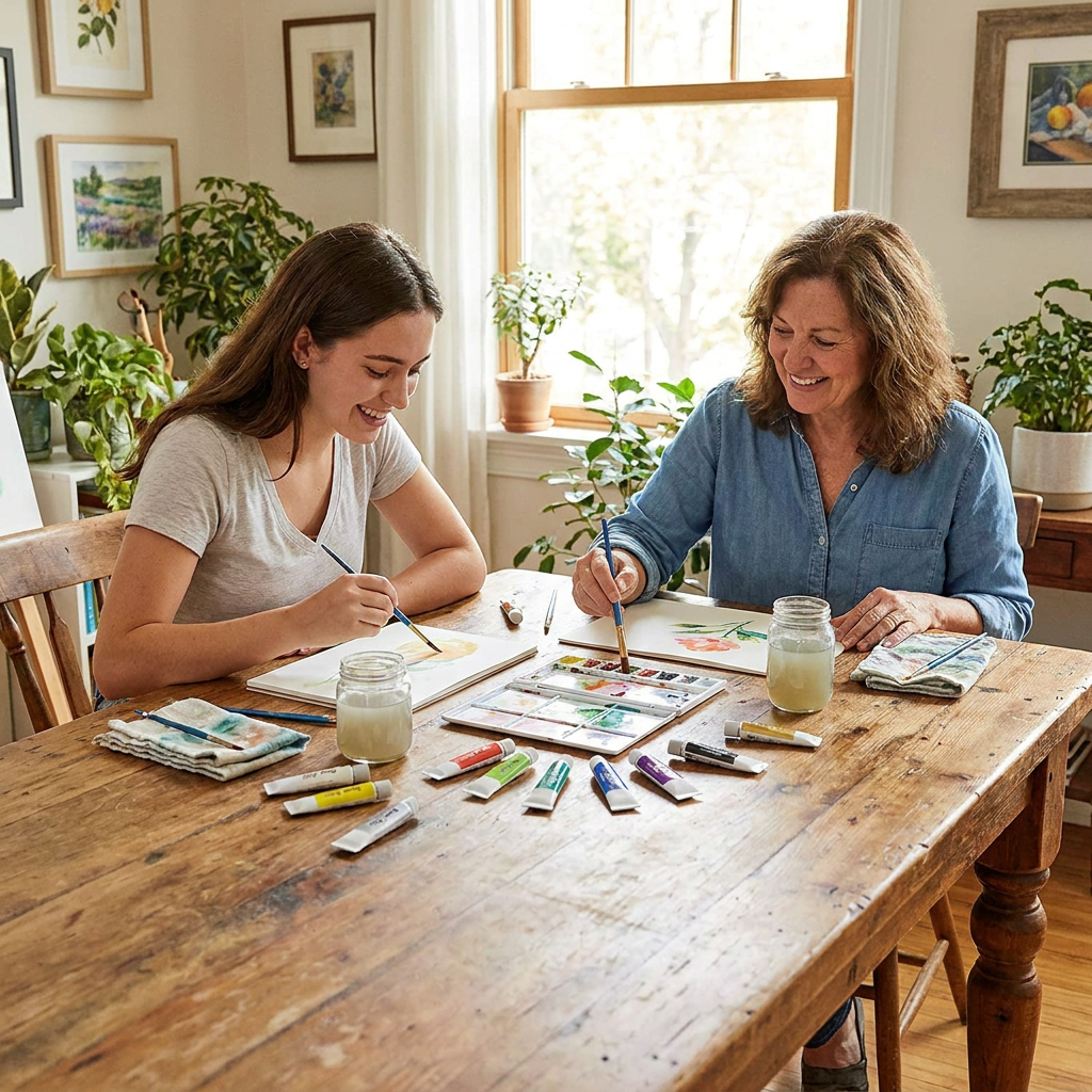 Two women, one young and one older, smile as they paint with Pentel Arts Water Colours at a wooden table in a sunlit home studio. They are using the paint tubes from the 15-pack set. The scene is warm and invites creativity.