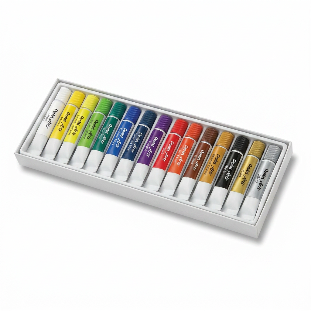 A studio photograph of the open Pentel Arts Water Colours 15-pack tray, angled from the right on a white background with range of colors.