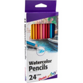 A 24-pack of Pentel Arts professional grade watercolor pencils in a purple and white box.
