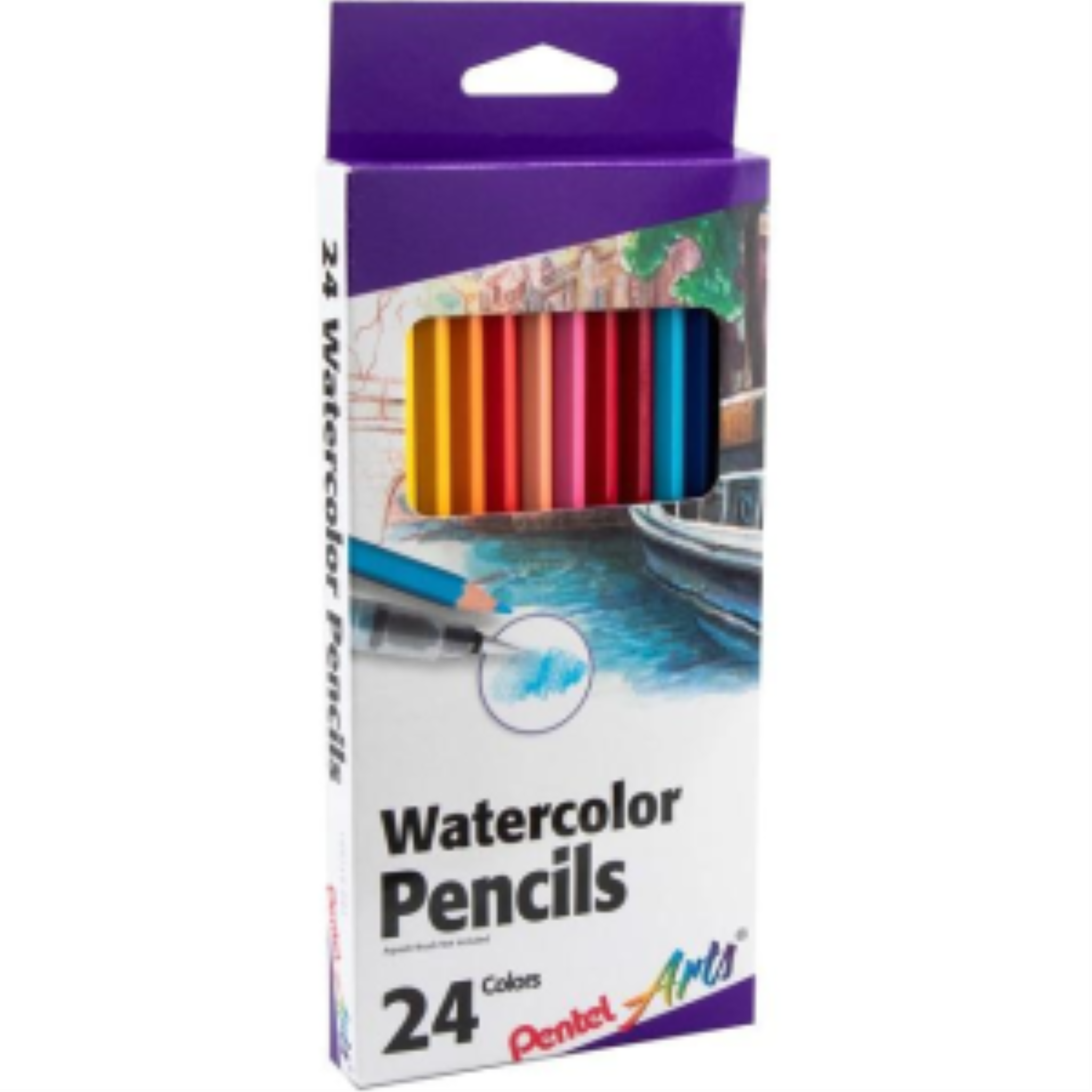 A 24-pack of Pentel Arts professional grade watercolor pencils in a purple and white box.