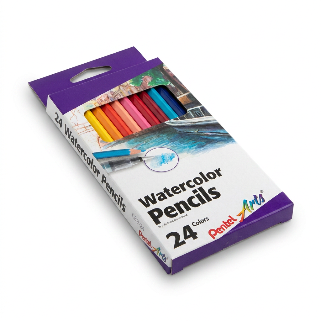 A studio photograph of the Pentel Arts 24 Watercolor Pencils box on a white background, angled from the left.