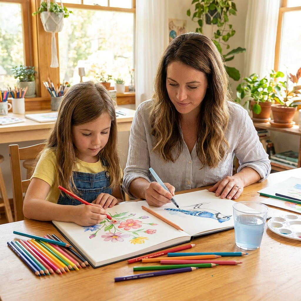 A mother and daughter pass a sunny afternoon drawing with Pentel Arts WaterColour Pencils in a cozy studio.