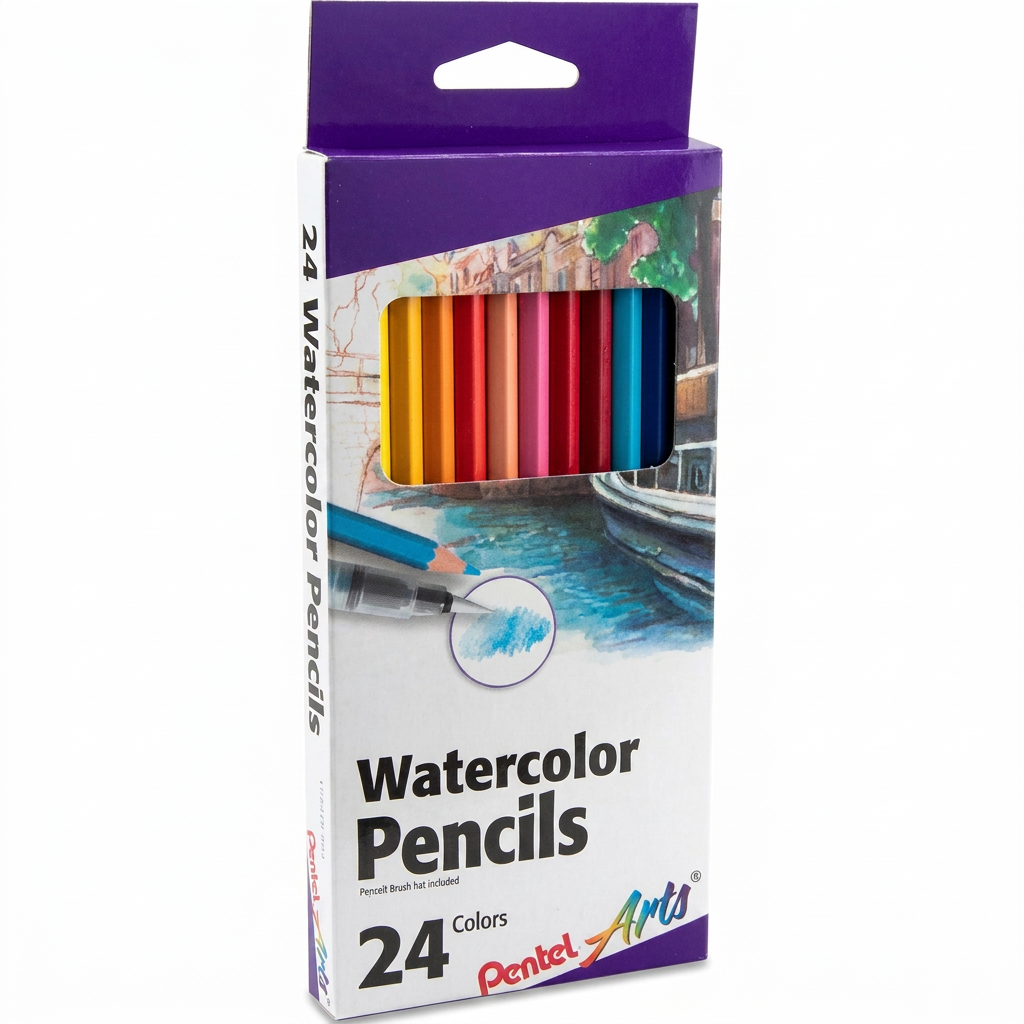 A photorealistic studio photograph of the Pentel Arts WaterColour Pencil Set, 24-Pack, angled to show the right side on a pure white background.