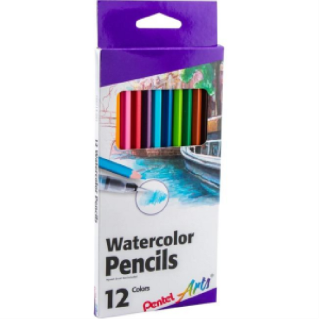 Pentel Arts 12-pack of acid-free watercolor pencils in a purple and white box.
