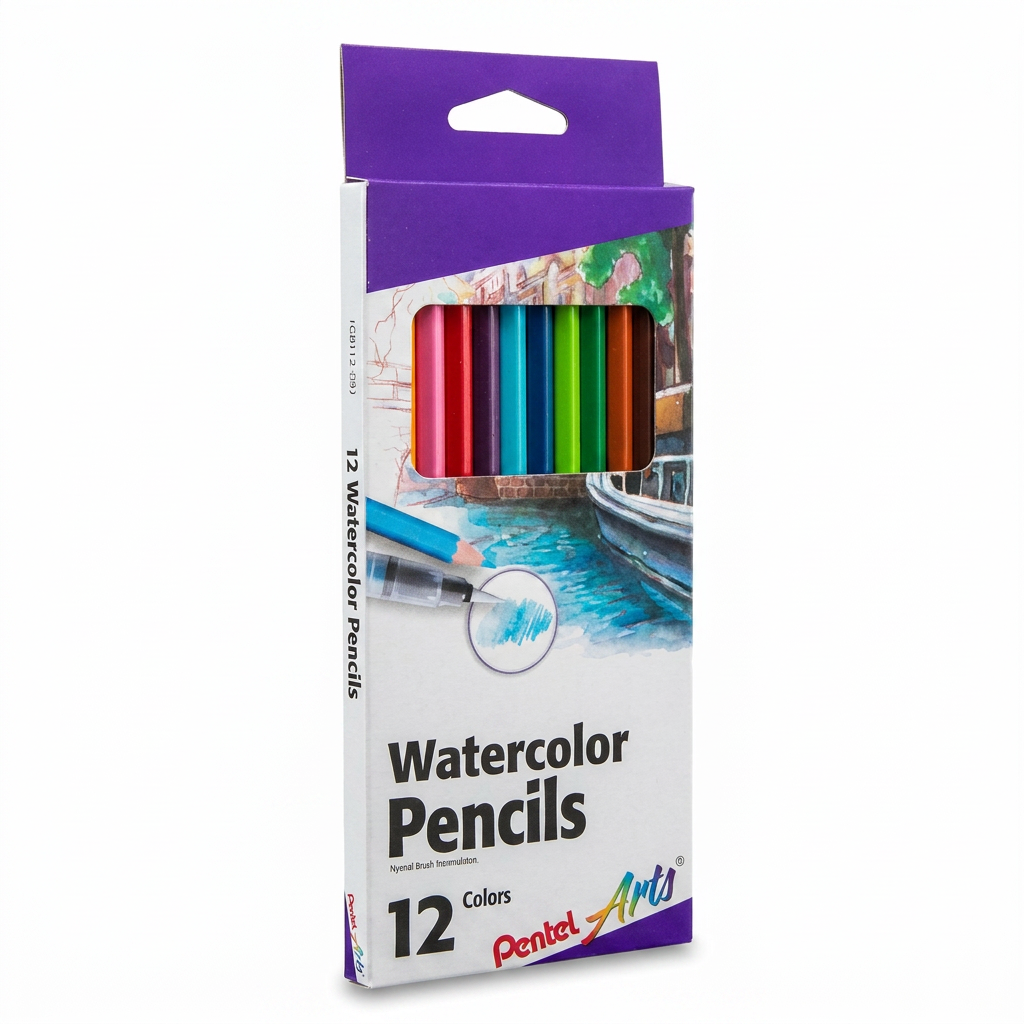 A studio product photograph of the Pentel Arts 12-pack of watercolor pencils (CB9-12) in its purple and white box. The package is angled to the left, showing the spine and front, on a pure white background with a soft shadow. The pencils are visible through the window.
