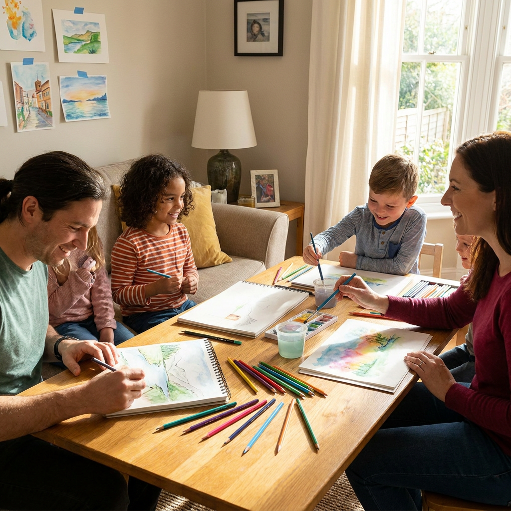 A family happily creates watercolor art at a sunlit table using the specified Pentel Arts WaterColour Pencils.