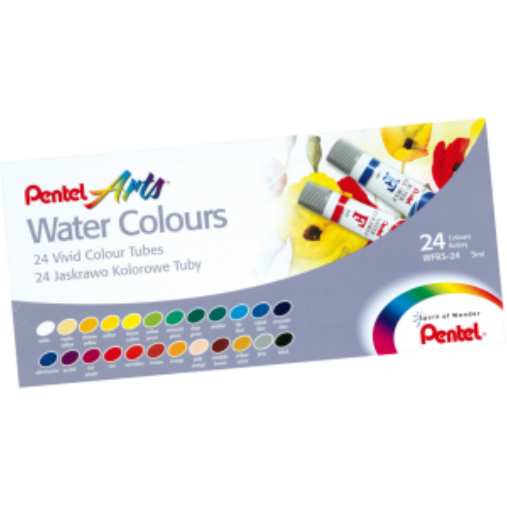Pentel Arts Water Colours box set featuring 24 vivid color tubes and a printed color palette.