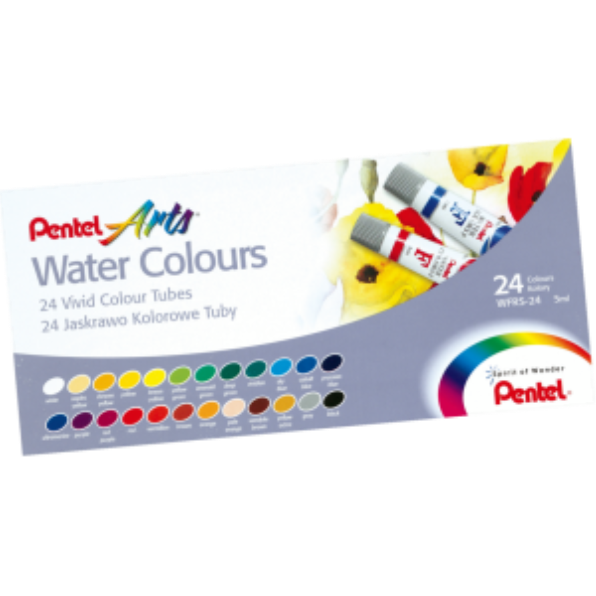 Pentel Arts Water Colours box set featuring 24 vivid color tubes and a printed color palette.