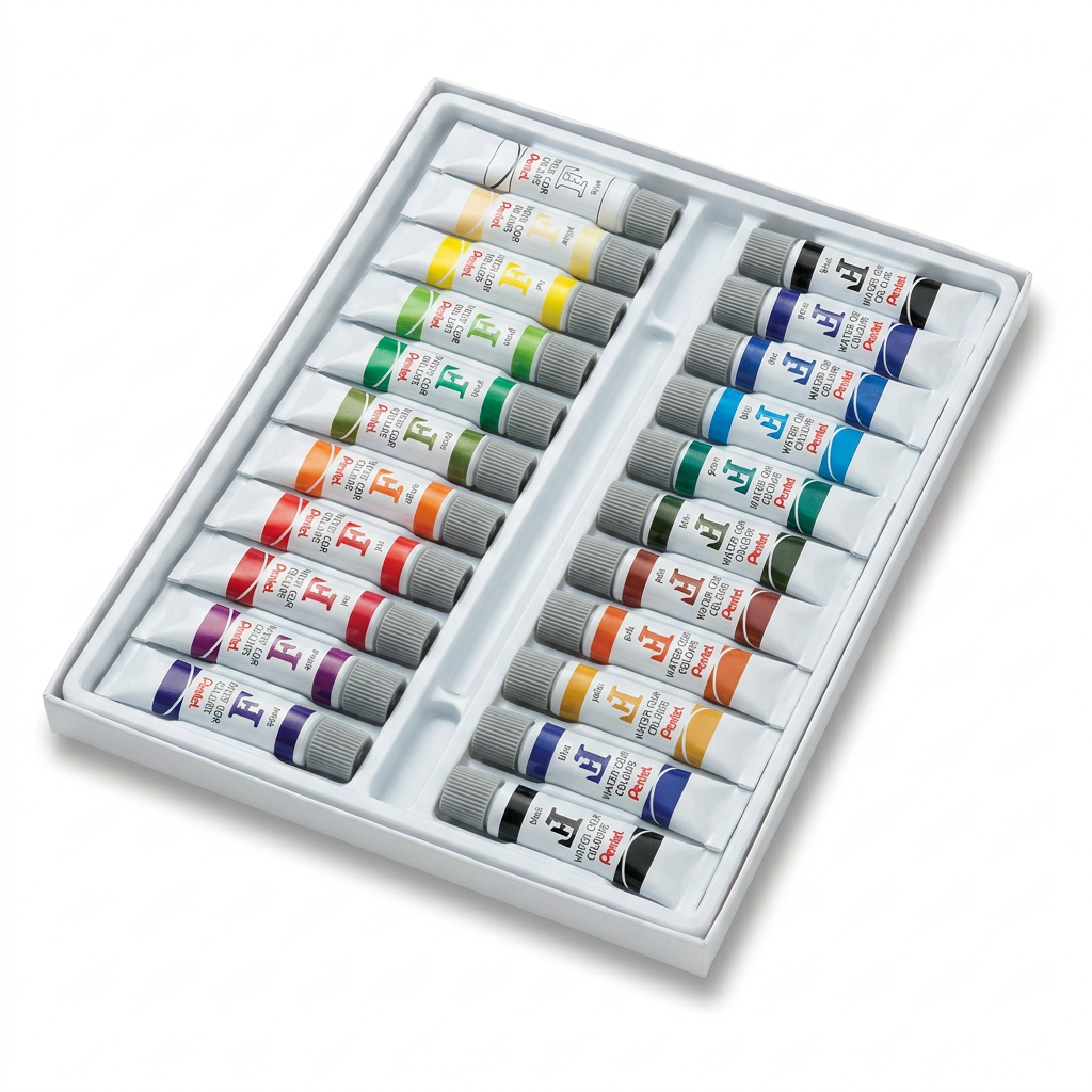 A photorealistic studio photograph of the open white plastic palette containing 24 tubes of Pentel Water Colours, angled to show the left side and centered on a pure white background with a soft natural shadow.
