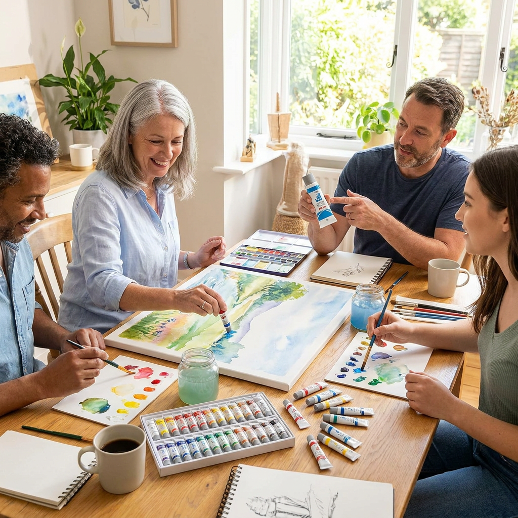 A family of four enjoys painting with the Pentel Arts Water Colours set in a bright home setting.