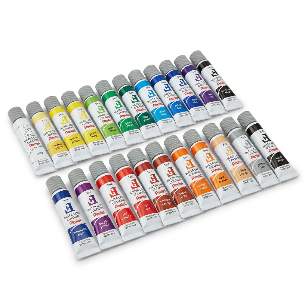 A photorealistic studio product photograph captures the 24 Pentel Arts watercolor tubes, removed from their packaging, arranged in two rows and angled to the right on a pure white background with a natural shadow.