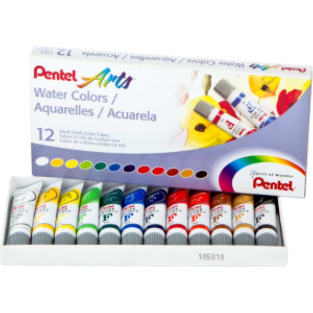 Pentel Arts Water Colors set with 12 non-toxic 5ml tubes in a white box.