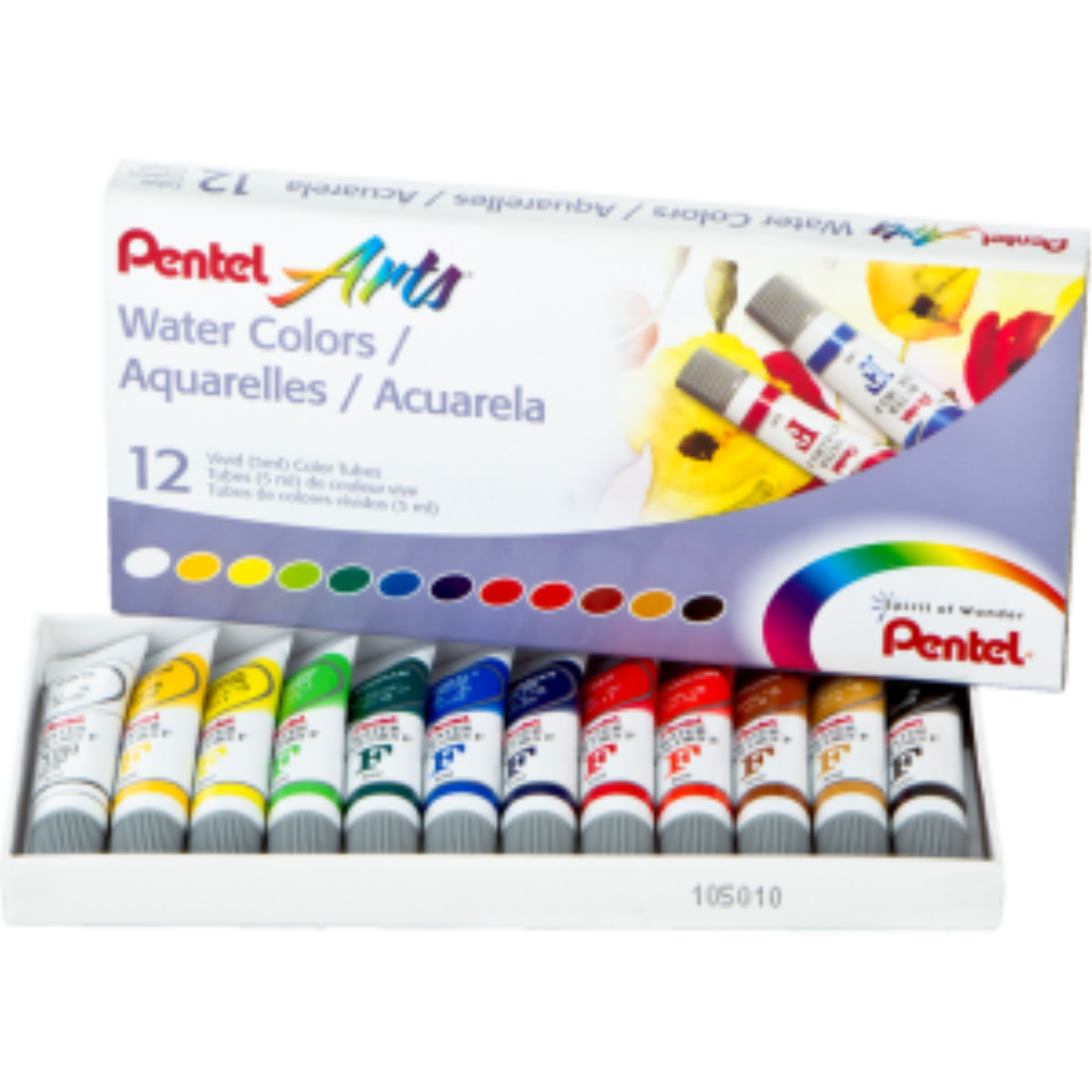 Pentel Arts Water Colors set with 12 non-toxic 5ml tubes in a white box.