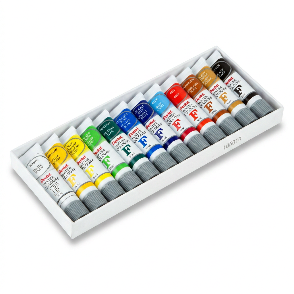 A photorealistic studio photograph of an open white tray holding twelve Pentel Arts Water Colour tubes, as seen in image_0.png, arranged from left to right. The tray is angled to emphasize the left side and casts a soft shadow on the pure white background.