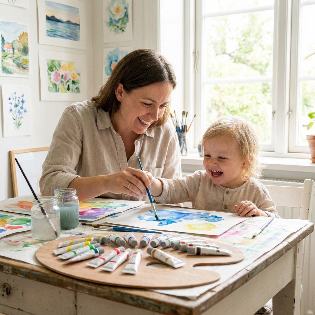 A mother and toddler joyfuly painting in a sunlit home studio, using Pentel water colors from a palette on a table.