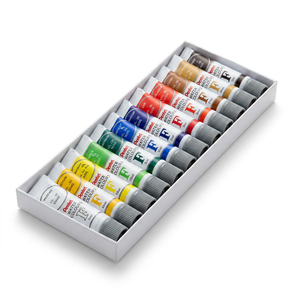 A studio photograph of the 12-count Pentel Arts Water Colours set (WFRS-12) in its white cardboard tray, angled to emphasize the right side. The tubes of assorted colors, with their silver labels and grey caps, are arranged neatly. The tray rests on a pure white background with a soft, natural shadow.