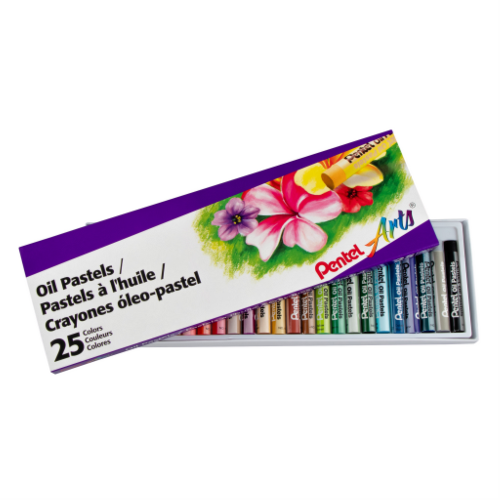 Open box of Pentel Arts Oil Pastels featuring 25 assorted vibrant colors with flower artwork on lid.