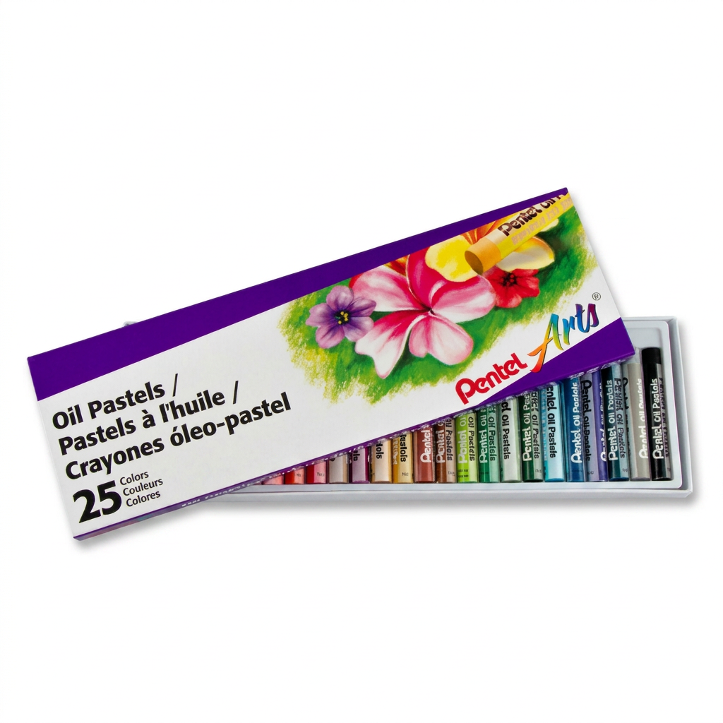A photorealistic studio photograph of the Pentel Arts 25-color oil pastel set, angled from the left on a pure white background with a soft natural shadow.