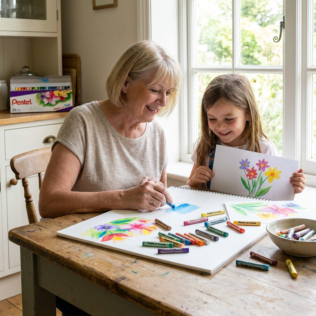 A smiling woman and child drawing with Pentel oil pastels on a wooden table by a window.