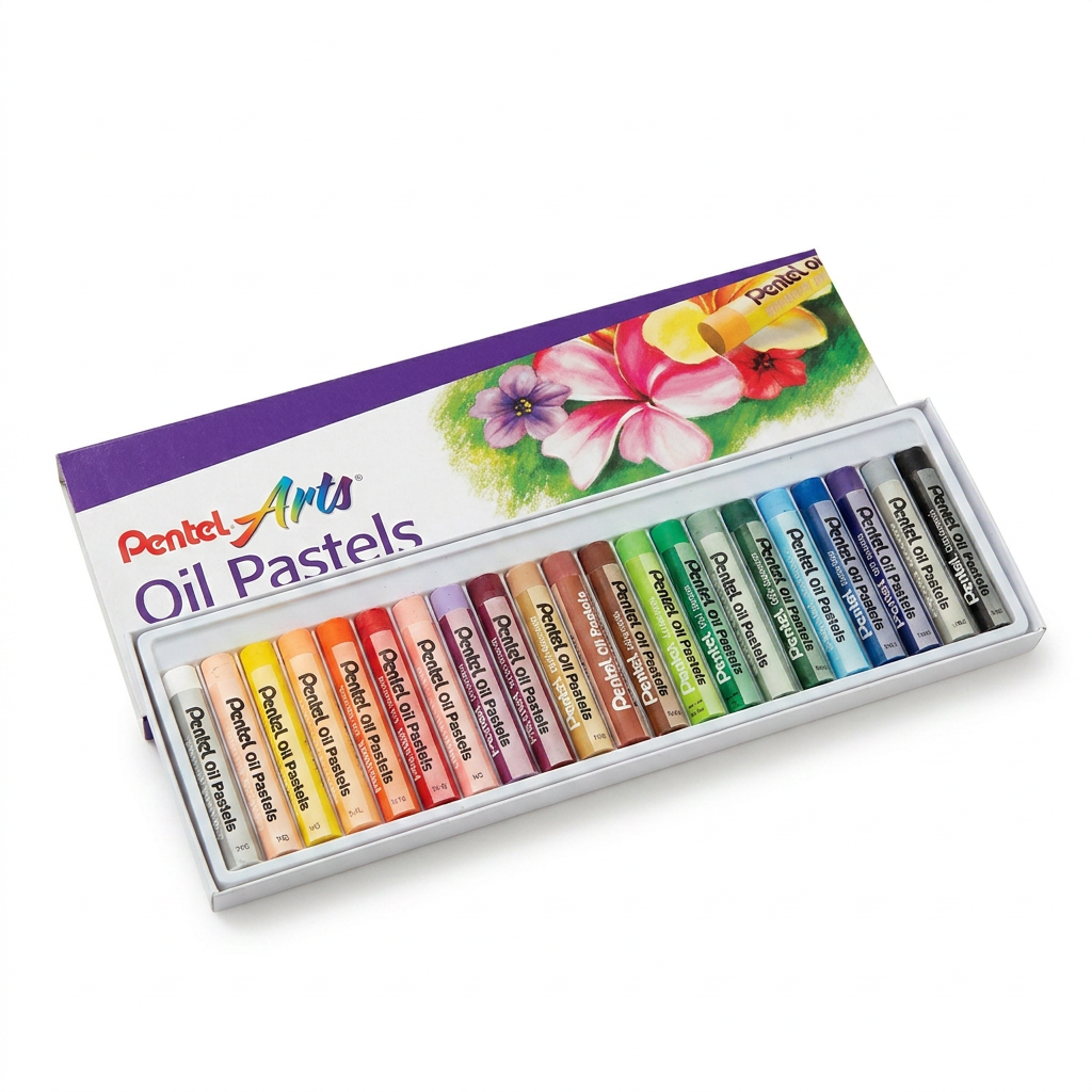 A studio photograph of the opened Pentel Arts Oil Pastels 25-color set (PHN-25) on a white background. The tray is angled right, showing the pastels, and the lid reclined behind it.