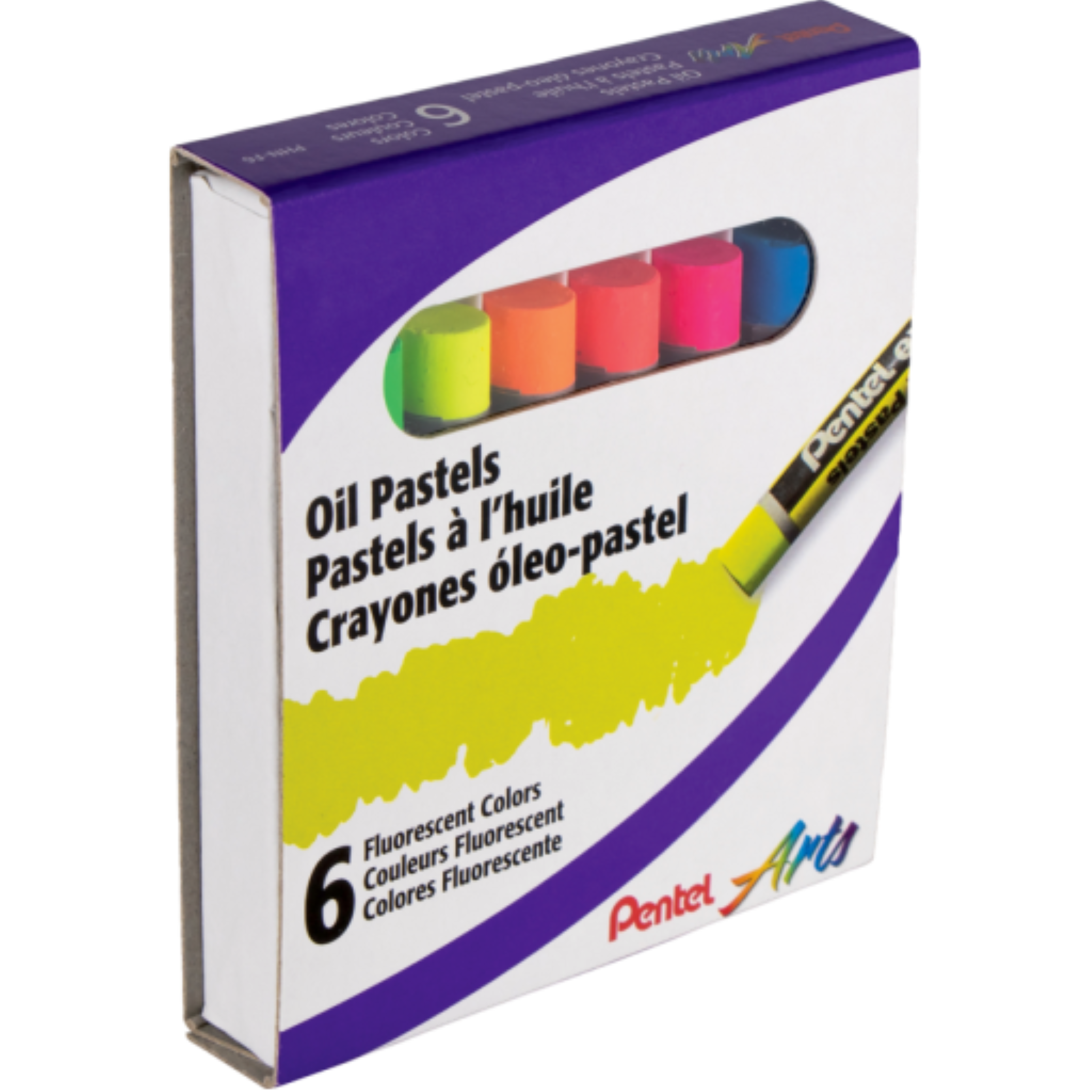 Pentel Arts 6-pack of fluorescent oil pastels in a white and purple box display.