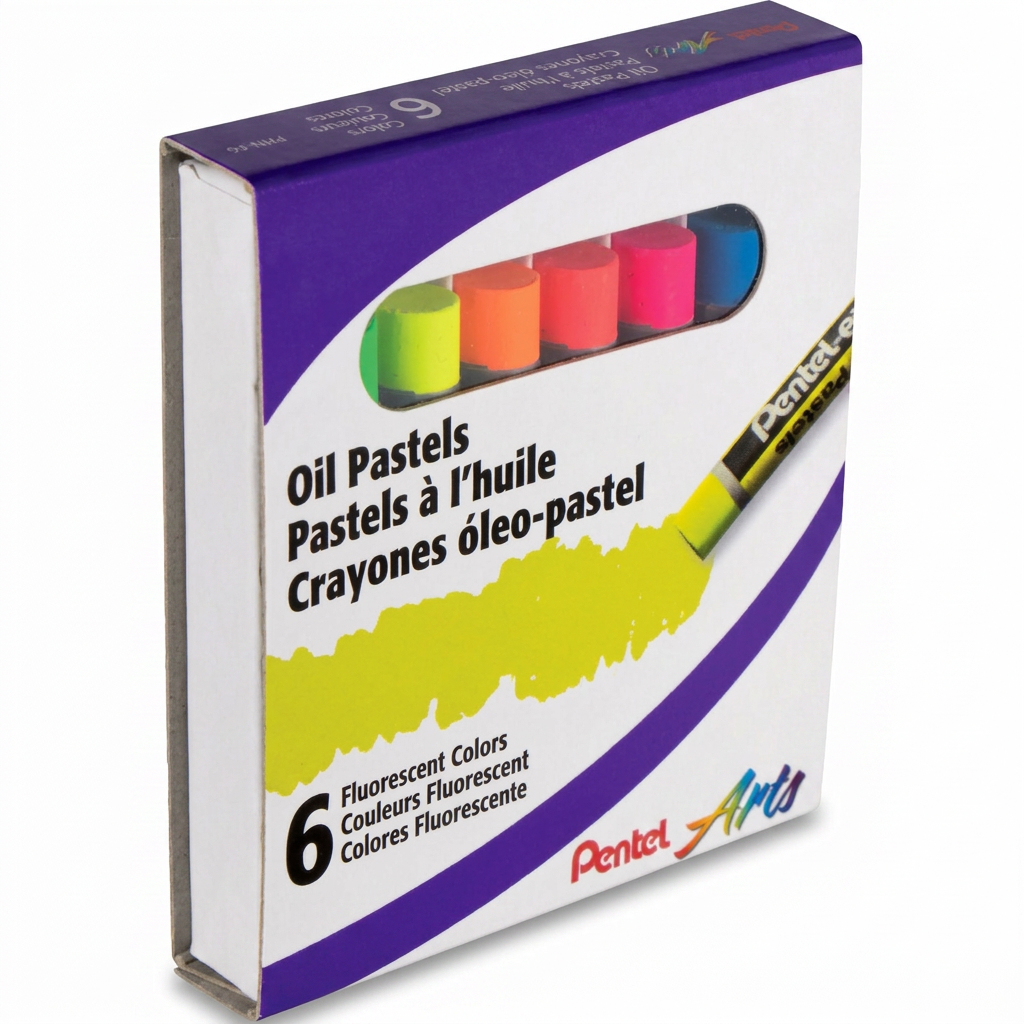 A studio photograph of the Pentel Arts Fluorescent Oil Pastels 6-Color Set box, angled left on a pure white background with a soft shadow.