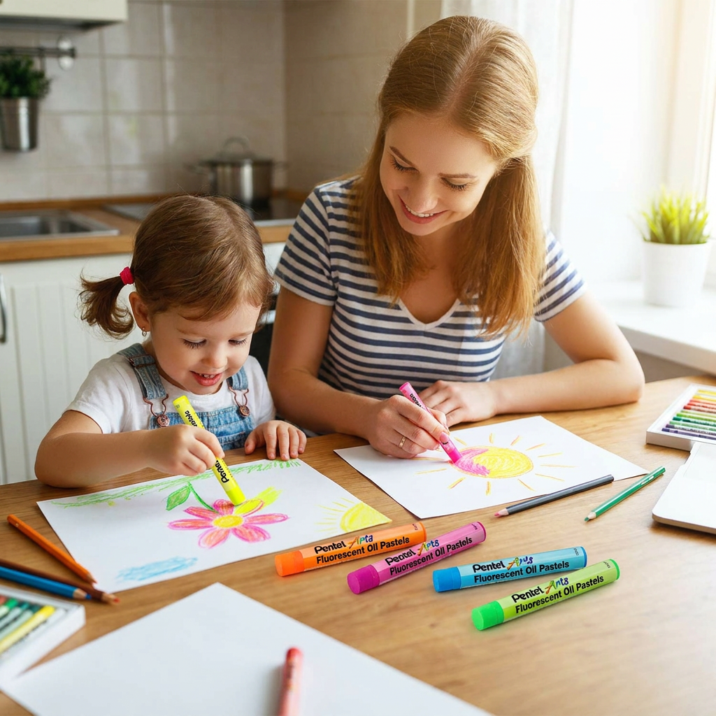 A person and child are drawing together at a table using Pentel fluorescent oil pastels.