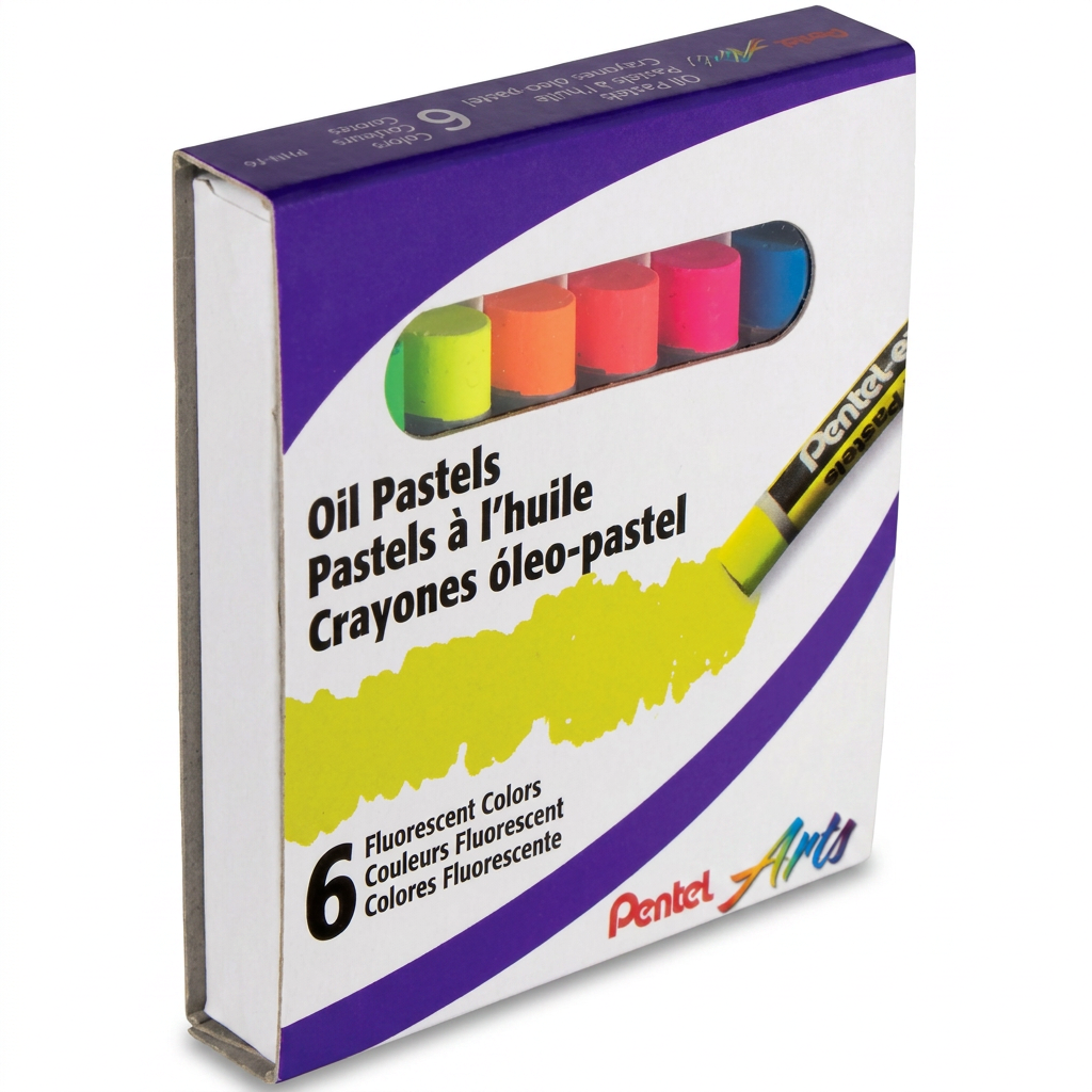 A photorealistic studio product shot of the Pentel Arts Fluorescent Oil Pastels 6-pack, angled to the right.