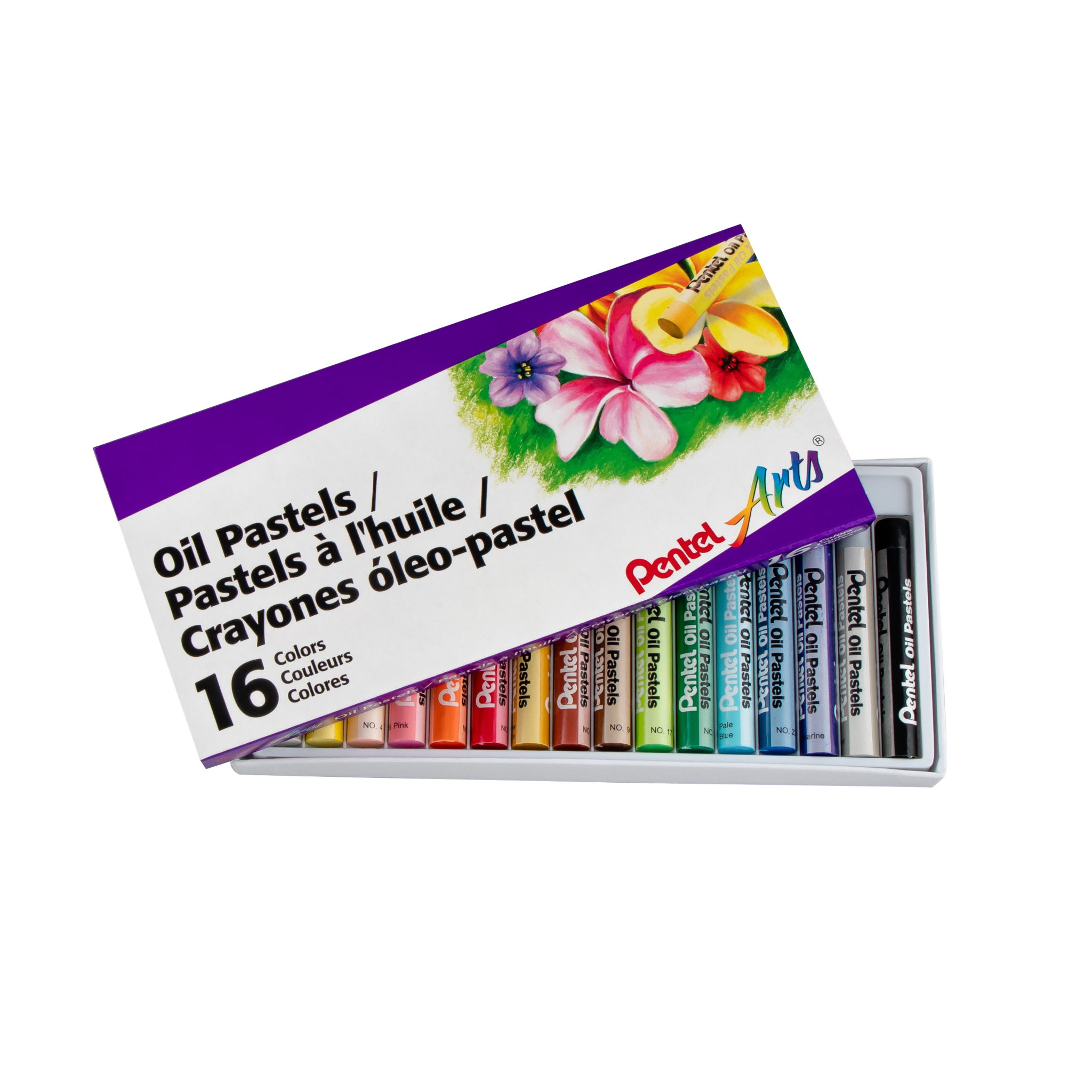 Open box of Pentel Arts Oil Pastels containing 16 vibrant, assorted colors for blending.