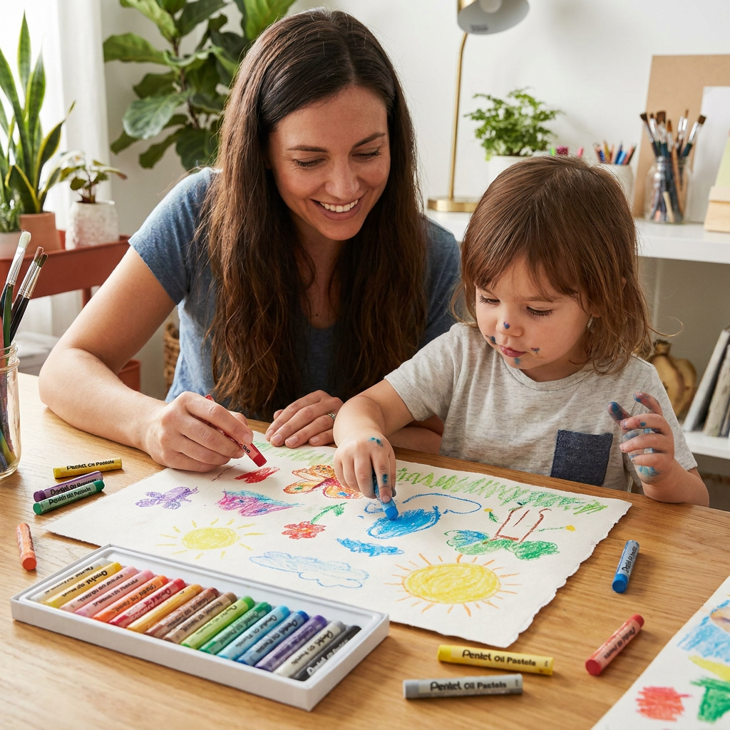 A mother and child happily drawing with Pentel Arts Oil Pastels at a home studio table.