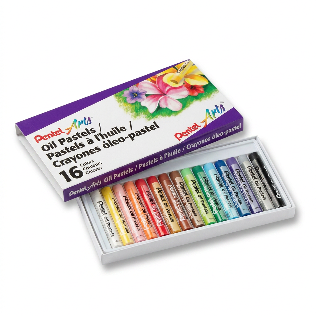 A photorealistic studio product photograph of the Pentel Arts Oil Pastels 16 Colour Set. The white box is open, angled to the right on a pure white background with a soft shadow.
