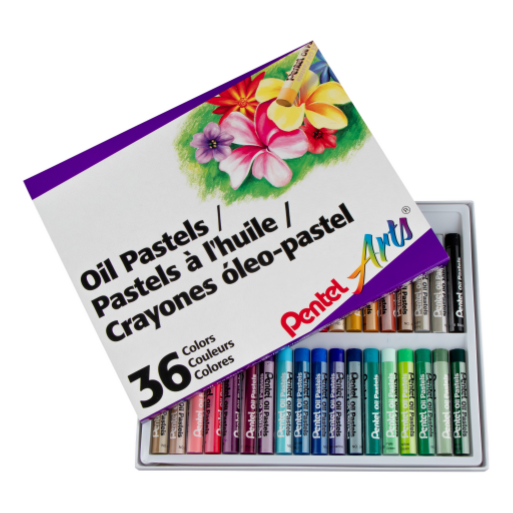 Pentel Arts Oil Pastels set of 36 vibrant, non-toxic colors in a white box with flower artwork.