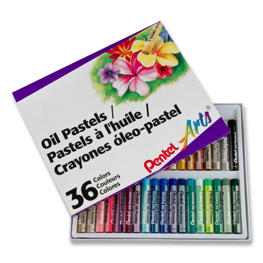 Pentel Arts 36-color oil pastels set in an open box on a natural white background with soft shadow.