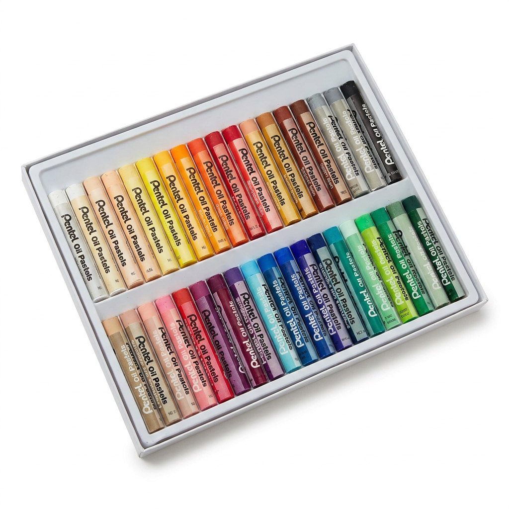An angled studio photograph of the open 36-color Pentel Arts Oil Pastel set in its white plastic tray, centered on a plain white background with a soft natural shadow. The right side of the set is emphasized.