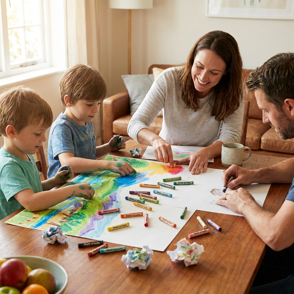 A family of four joyfully coloring on a large paper at a wooden table, using a set of Pentel Arts Oil Pastels.