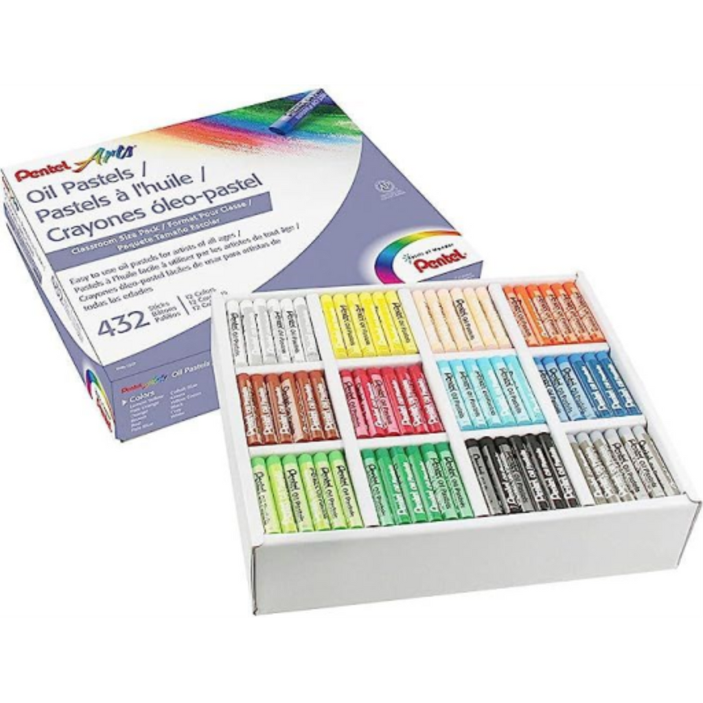Open Pentel Arts 432-piece oil pastels classroom pack organized by color in a white box.