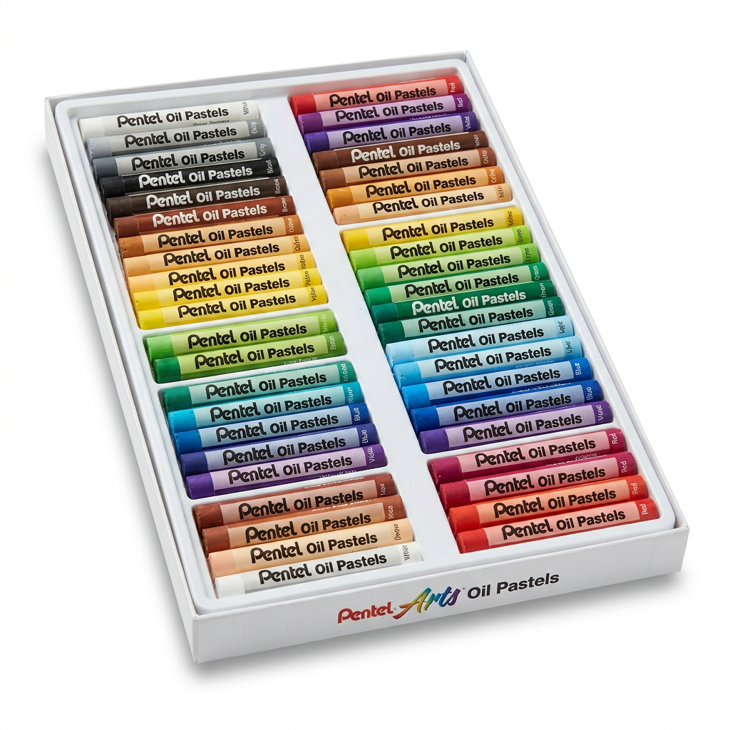 A photorealistic studio product photograph of an open white cardboard box containing the 432-piece Pentel Arts Oil Pastels Classroom Size Pack. The box is angled towards the left, centered on a pure white background with a soft natural shadow. The organized colors are clearly visible with their "Pentel Oil Pastels" wrappers.